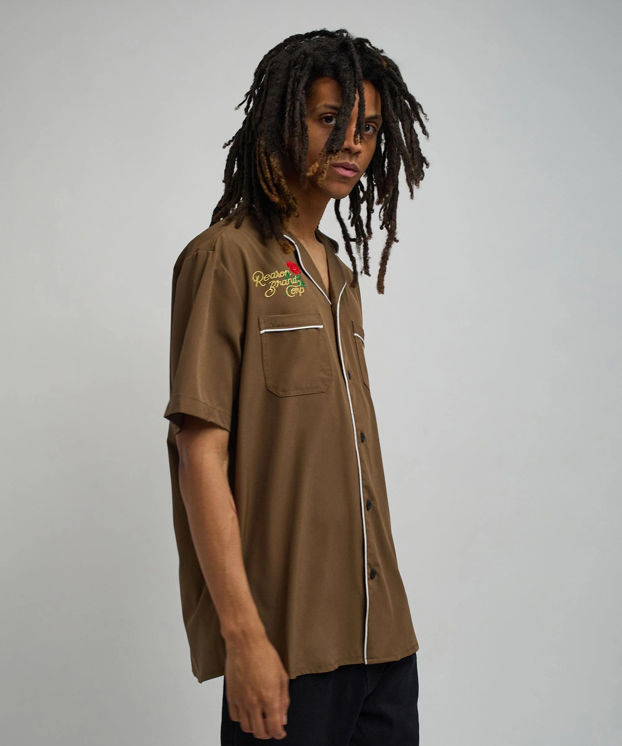 Clubmaster Short Sleeve Embroidered Button Down Shirt - Brown - Image 3