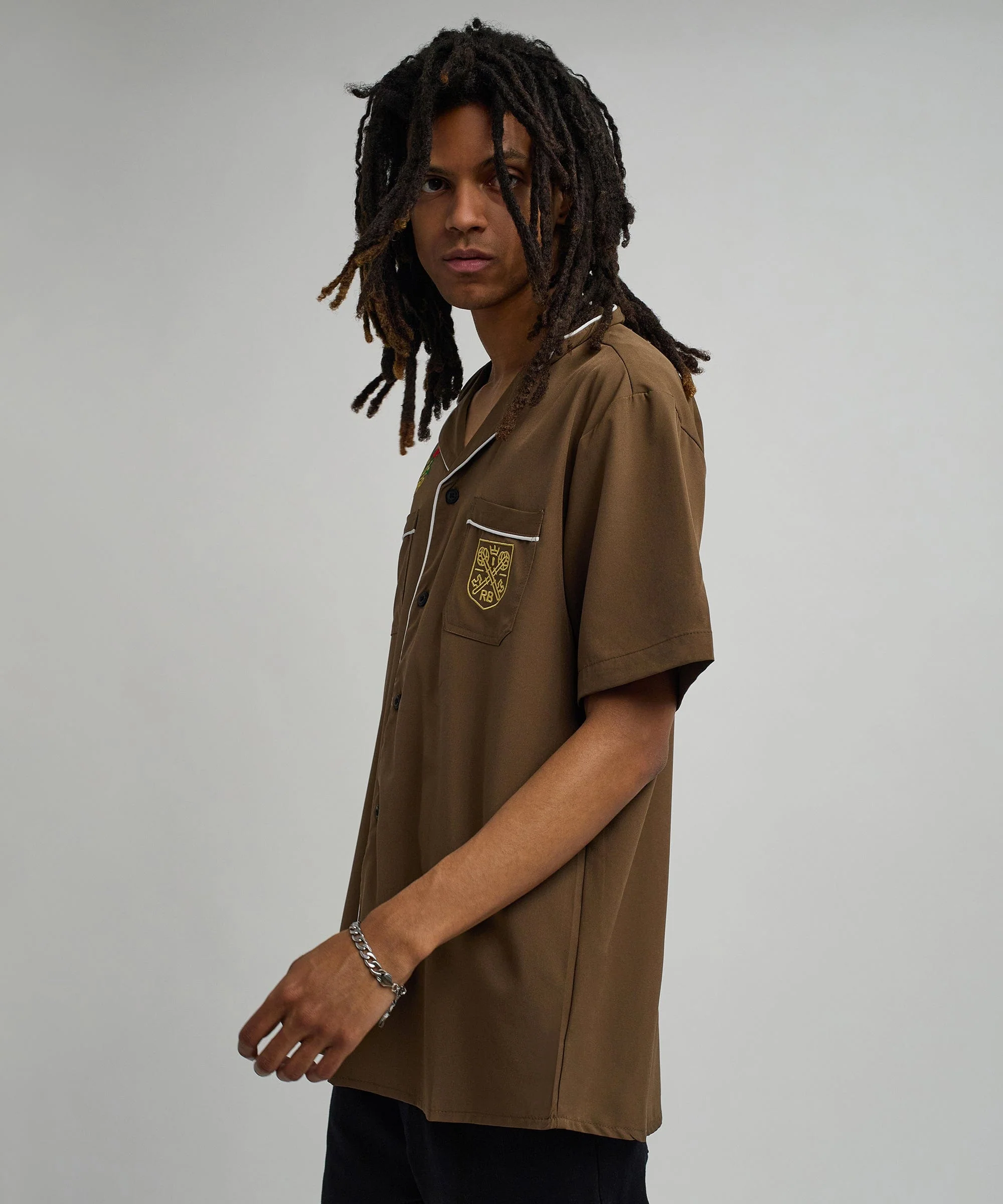 Clubmaster Short Sleeve Embroidered Button Down Shirt - Brown - Image 4