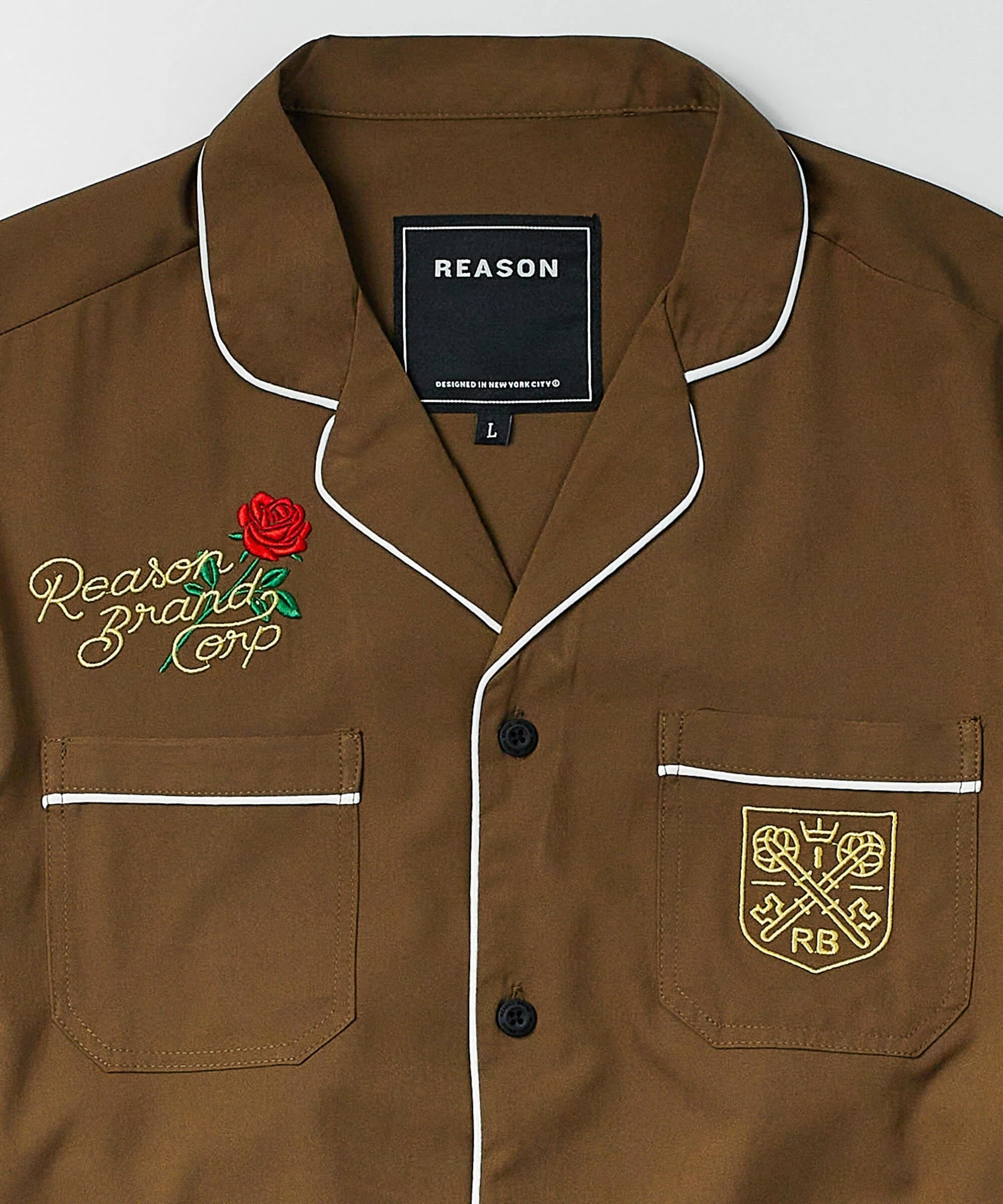 Clubmaster Short Sleeve Embroidered Button Down Shirt - Brown - Image 6