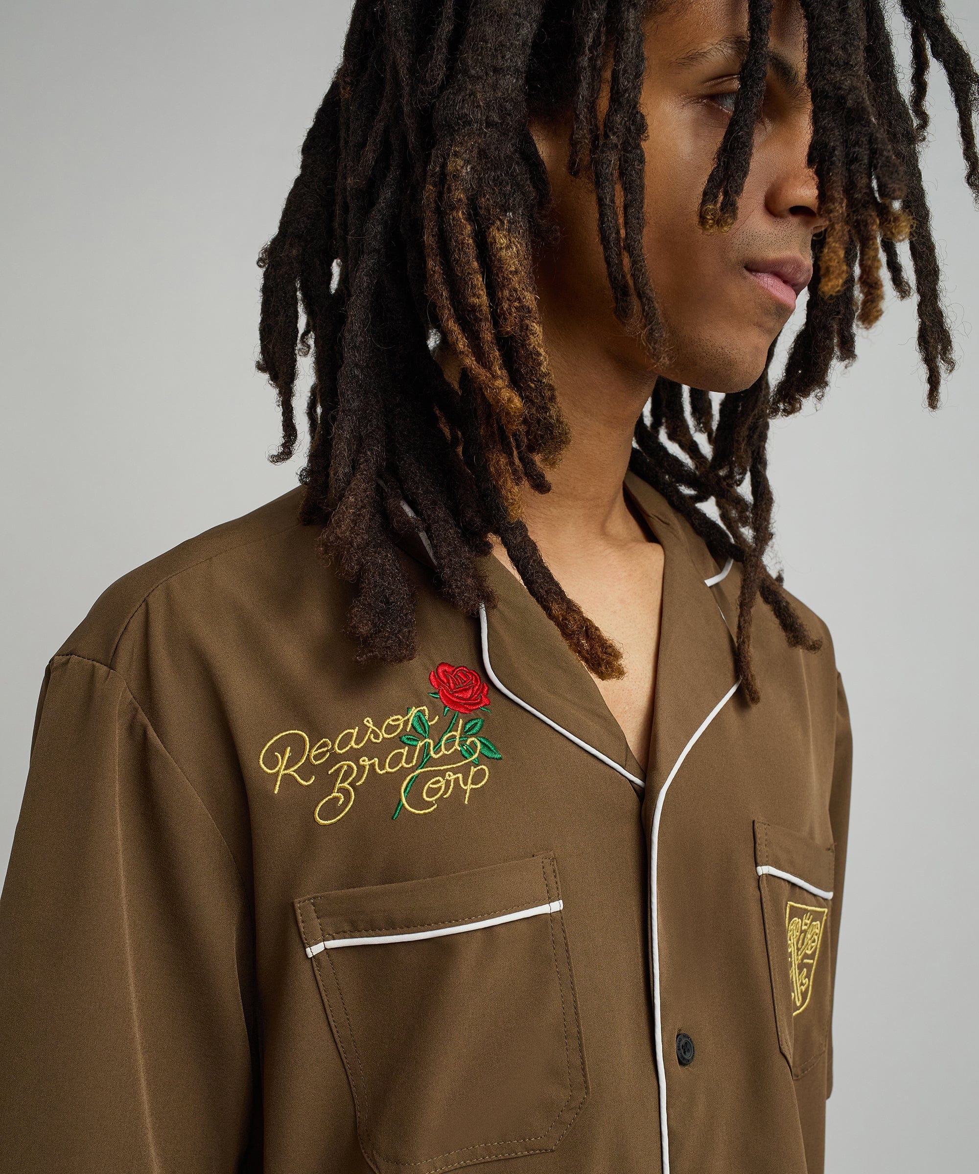 Clubmaster Short Sleeve Embroidered Button Down Shirt - Brown - Image 7