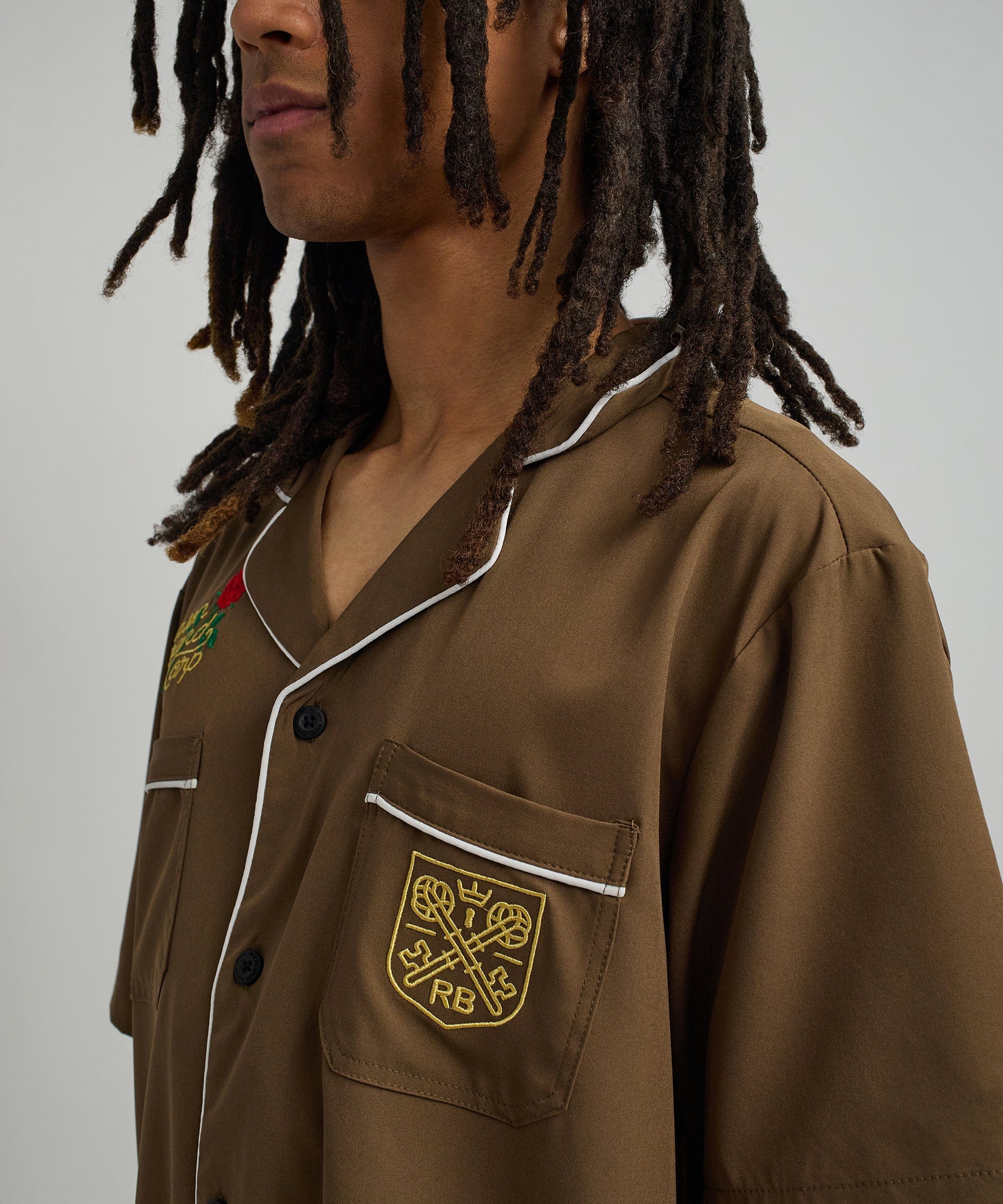 Clubmaster Short Sleeve Embroidered Button Down Shirt - Brown - Image 8