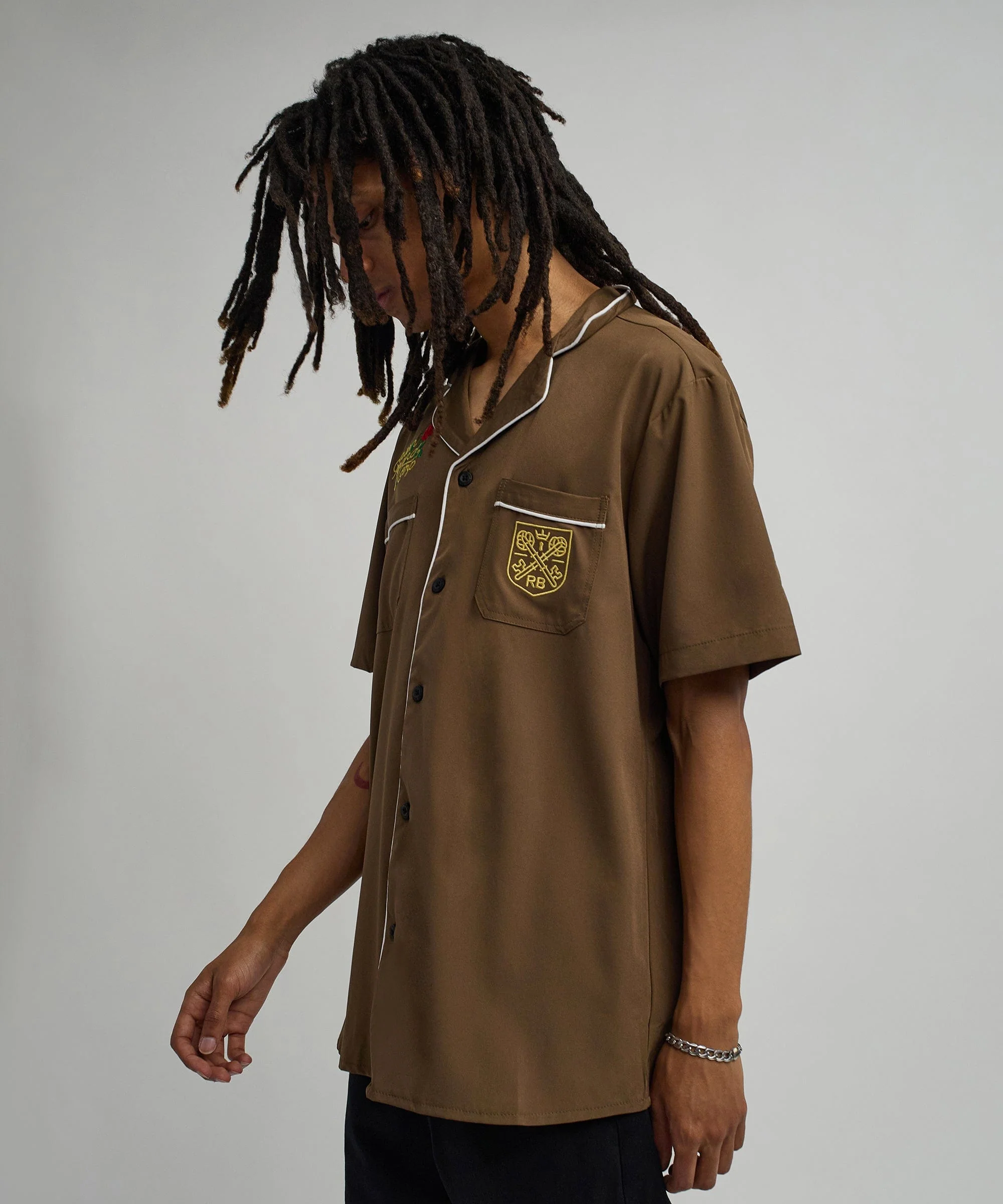 Clubmaster Short Sleeve Embroidered Button Down Shirt - Brown - Image 9